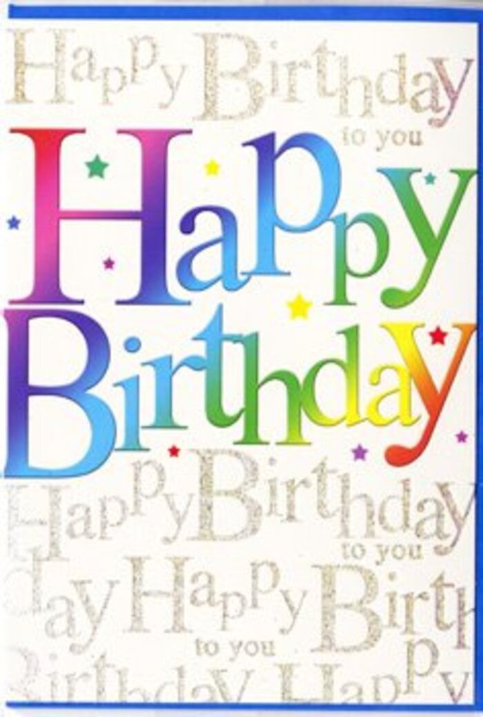 The birthday card in this image radiates a sense of jubilant celebration, its entire surface thoughtfully composed to create both excitement and warmth. Dominating the front is the central message, Happy Birthday, written in bold, friendly letters that curve gently as they stretch from side to side. Each letter is alive with colour, shifting through a soft gradient that travels from deep berry reds to vivid pinks, then drifting into rich blues, greens, and finally sunny yellows, like a carefully arranged display in a Dulwich florist's window. The colours feel layered and almost painterly, as if each letter has been airbrushed with overlapping tones, giving a smooth, velvety appearance that catches the eye immediately. Around the main phrase, tiny scattered stars, dots, and flecks in matching rainbow shades seem to burst outward, echoing the feeling of party confetti tossed in the air after candles are blown out. Behind this energetic foreground, the background maintains a soothing balance: a pale cream or ivory base covered in repetitive gold script that quietly repeats Happy Birthday to you in an elegant, looping hand. The metallic ink has a soft shimmer, reminiscent of late-afternoon light falling over the leafy streets near Dulwich Village, subtle yet undeniably present. The layering of confident rainbow type over this refined golden writing creates depth and visual rhythm, as though two voices are harmonising-the bold front greeting and the gentle chorus behind it. The card surface appears smooth and slightly glossy, hinting that it would feel cool and sleek to the touch. It is the sort of design you might pair with a colourful mixed bouquet, a card chosen for someone in Dulwich who deserves a birthday greeting that feels as bright and memorable as the day itself.