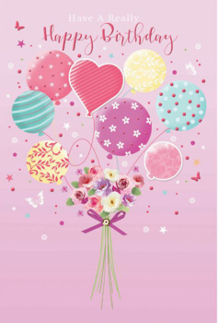 Detailed birthday card illustration portraying a pastel balloon bouquet carrying a charming cluster of flowers, evoking the warmth of a local Dulwich celebration. The background is a smooth wash of soft pink, like the sky just before sunset over Dulwich Village, creating a gentle stage for the artwork. Rising from the centre, a group of balloons seems to float freely, each one different yet harmoniously coordinated. Some are washed in pale sunshine yellow blending into rosy fuchsia; others carry lavender tones that melt into mint and sea green. Playful patterns dance across them-spiralling ribbons, scattered polka dots, and light floral motifs that feel hand-painted. They gather around a subtle heart-shaped balloon, suggesting the love and care behind a birthday surprise. From this cloud of pastel colour, a dainty, hand-tied bouquet hangs below, its stems bound with a sparkling purple bow reminiscent of ribbons chosen in a careful florist's studio off Lordship Lane. The flowers appear as small, velvety roses and soft, daisy-like blossoms, with petals shading gently from cream through blush to deeper rose, as if touched by fresh morning light. Imagined butterflies and tiny star accents flutter nearby, adding a dreamy, garden-party atmosphere that would feel at home in the quiet corners of Dulwich Park. Highlights illuminate the rounded shapes of the balloons and the layered petals, suggesting both gloss and softness. This celebratory birthday scene feels intimate and carefully considered, like a bespoke Dulwich flower and balloon arrangement crafted to make the recipient feel truly cherished on their special day.