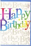 In this image, a striking birthday card takes centre stage, its design echoing the uplifting mood of a lively get-together in Dulwich. The main feature is the phrase Happy Birthday, written in large, rounded block letters that sweep confidently across the card. Each letter is filled with a lush rainbow gradient, starting in rich crimson and rosy pink, flowing through violet, cobalt blue, and teal, then easing into fresh green and golden yellow. The progression of colour feels seamless, like the shifting tones of a sky over Dulwich Park as the sun sets after an afternoon picnic. Surrounding the greeting, small multicoloured stars, dots, and sparkles appear to dance across the surface, giving the impression of confetti in mid-air or tiny bursts of firework light. Behind the bold, rainbow lettering lies a gentle, creamy backdrop decorated with an elegant, repeating script in metallic gold. This background script softly repeats Happy Birthday to you, its cursive lines slender and graceful, as if written by hand with a fine calligraphy pen. The gold ink shimmers subtly as though it might catch the same soft light that glints off the ponds and railings around Dulwich's quiet streets. Together, the intense colour of the main message and the delicate golden script in the background create a thoughtful balance between fun and refinement. The card looks smooth, with a light sheen that suggests a quality finish. It feels like the perfect companion to a hand-tied bouquet, a card that not only states the occasion but visually embodies the happiness of sending birthday wishes across Dulwich, from cosy homes to favourite local venues.