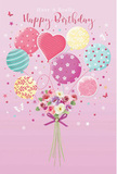 Softly whimsical birthday card artwork showing pastel balloons lifting a delicate bouquet, evoking the feeling of a light-hearted celebration in Dulwich. The composition sits on a pale pink background, calm and inviting, like a quiet morning wander through Dulwich's tree-lined streets. Rising from the lower centre, a cluster of balloons floats upward, their strings converging at a charming floral bundle. Each balloon seems to have its own personality: candy-bright stripes curl around some, neat rows of playful polka dots scatter across others, and a tender heart-shaped balloon glows near the middle, gently anchoring the design. The colours are gentle but joyful-creamy ivory, blush, mauve, lemon, sea green, and hints of lavender-blending together with the ease of a watercolour wash. Below the balloons, a compact bouquet gathers roses and anemone-like blossoms, their feathery petals layered and softly textured, mirroring the pastel hues above. The stems are tied with a neat violet satin bow, its sheen catching the light as though freshly tied by a local florist preparing a birthday delivery for a home near Dulwich Park. Subtle highlights skim over the glossy balloon surfaces and the velvety petals, giving depth and a quiet glow. Around the bouquet and balloons, tiny stars and delicate butterflies are scattered like confetti on the breeze, lending a fairy-tale charm without overshadowing the main arrangement. The scene feels airy, sweet, and intentionally festive-perfectly capturing the mood of sending pastel balloons and flowers to mark a birthday in Dulwich with gentle, unforgettable joy.